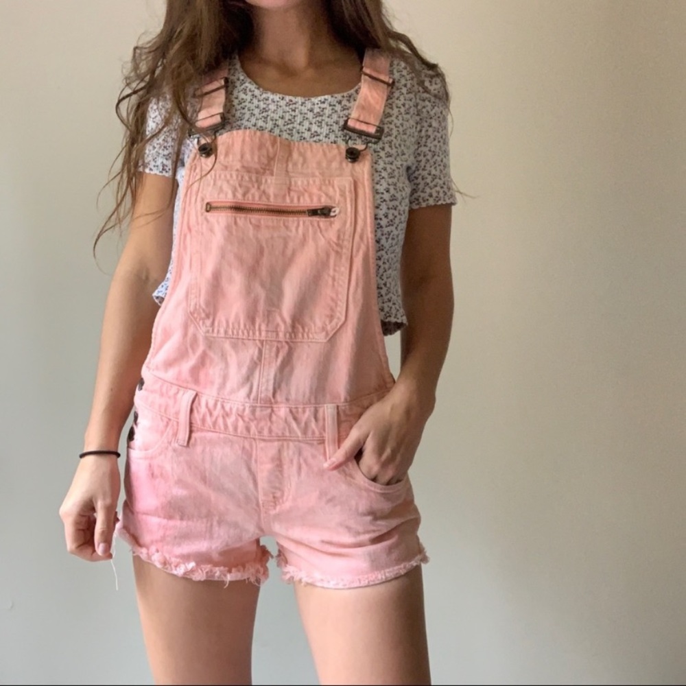 GUESS pink acid wash frayed overall shorts romper